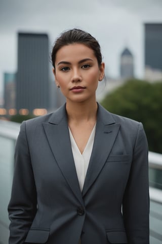 The portrait, taken with a Nikon D850 at a low 15-degree angle, showcases a subject with an aura of quiet confidence. Their sharp gaze pierces the camera, a slight smile playing on their lips, embodying a subtle charisma. Poised upright, they sport a tailored charcoal blazer that speaks of refined taste. The overcast sky diffuses a soft light, muting the colors of the bustling cityscape behind and harmonizing with the cool tones of their attire. The chill of an impending rain adds a crisp edge to this urban tableau.
