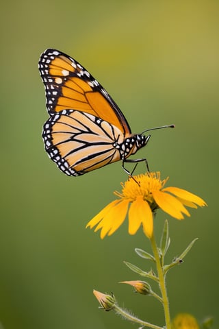 A Canon EOS 5D Mark IV, angled at a dynamic 70-degree slant, captures the vibrant flutter of a monarch butterfly alighting on a wildflower. The golden hour light imbues the scene with a warm, ethereal glow, accentuating the orange and black patterns on the butterfly's wings. Around it, the meadow is alive with the hues of late summer—greens, yellows, and purples—while the gentle breeze and mild temperature suggest an idyllic, late afternoon in a secluded nature haven.