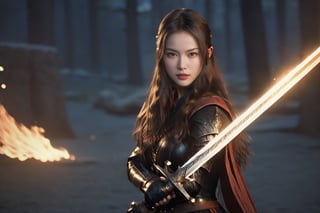 1girl, stellar_blade_tachy, long hair, brown hair, silky hair, white skin, slim body, holding a glowing sword, flaming sword, LinkGirl, Movie Still, photorealistic, realism, ultra detailed, high resolution, soft light, vibrant colors, vivid, high dynamic range, wide shot, full body shot, portrait.