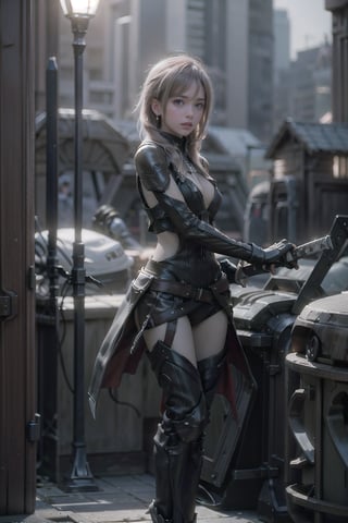 1girl, LightningFF13 wearing full body suit, long sleeve, drawing out sword from shealth on left side of waist with right hand, standing at night city, 45 angle facing viewer. beautiful face, delicate face, small breast, Photorealistic, realism, ultra detailed, high resolution, high pixel density, soft light, vibrant colors, vivid, high dynamic range, wide shot, full body shot, Extremely Realistic, masterpiece, 3va, shallow depth of field, battoujutsu.