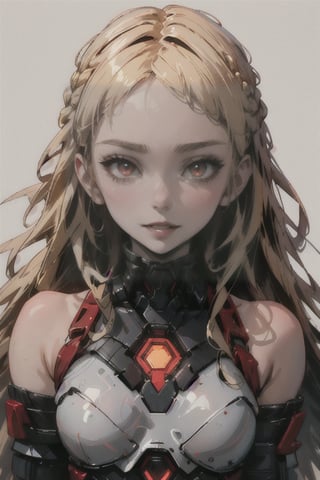 1woman, ((blank background)), vibrant colors, head and shoulders portrait, long_hair, blonde hair, single braid, pale, bangs, glowing red_eyes, warrior, large forhead,full_body