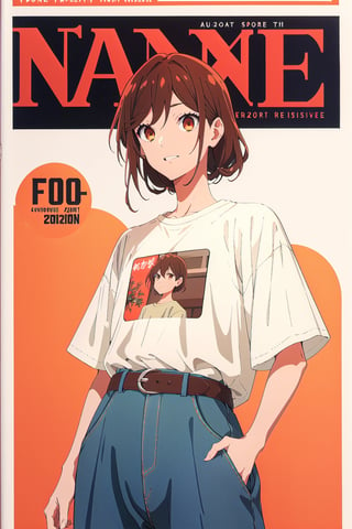 1girl,horimiya_hori, brown eyes,
vintage hairstyle,magazine cover,sport 
oversized t-shirt tucked into pant, vintage elegant pant, big belt, smug look