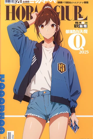 horimiya_hori,1girl ,brown eyes,30 years old,
ponytail,magazine cover,modeling pose,oversized sports jacket,shorts jeans