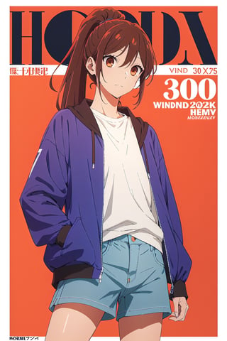 horimiya_hori,1girl ,brown eyes,30 years old,
ponytail,magazine cover,modeling pose,oversized sports windbreaker jacket,shorts jeans