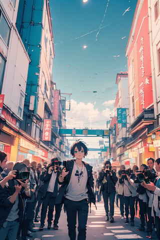 ((mio_akiyama:1.1),(bust_focus),winter_clothes, BREAK,dawn, outdoor dark red and blue and purple sky,
dynamic angle, boy back to the viewer,SGBB,midjourney,crowd with cameras