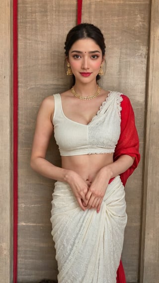 masterpiece,1girl,   showing her half  boob (mature female:0.5),tall body,golden proportions,(Indian women),(glowing skin:1.2),(oil skin:1.1),makeup,(close up),(  aesthetic white room  background),depth of field,( closed mouth:0.5),((long wavy brown hair)),(puffy eyes),(eyelashes:1.1),(parted lips:1.1),  light lipstick,fantasy art style,dreamy light, ( wareing red saree:1.59),( saree :1.39),(lace:1.3)perfect body,(  ,:1.3),(dusk:1.2), shoes,(white round necklace),(crystal hairpin),tyndall effect,highres,(  looking at front    ,:1.35),(    breasts:1.81),