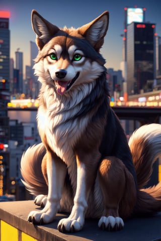 ((masterpiece, best quality:1.4)), bokeh, fluffy, 3d,
solo, looking at viewer, feral, wolf, full body, sitting, tongue out, smile, open mouth, 
light brown fur, green eyes,
long tail,
tokyo \(city\), city, city lights, night,