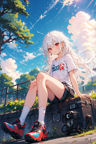 1girl, long hair, White hair, red eyes, jitome, flat chest, sitting, on park, day, blue Sky, clouds, black shorts, White shirt, long legwears, camera