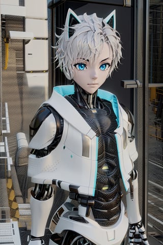 robotboy ,solo, blue eyes,1boys,Exquisite facial
machine cat ear,Mecha, white hair ,