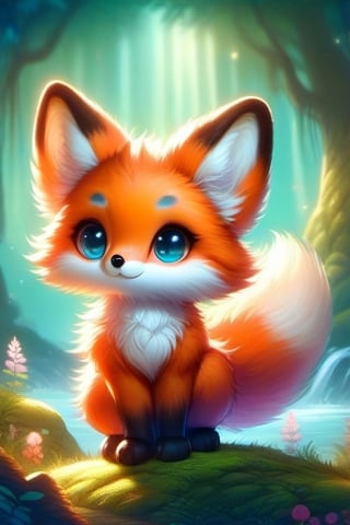   kitsune Adorable cartoon fox with big round eyes, soft fur texture, vibrant colors, playful expression, by Disney artist Glen Keane and Hayao Miyazaki, digital illustration, trending on Instagram and DeviantArt