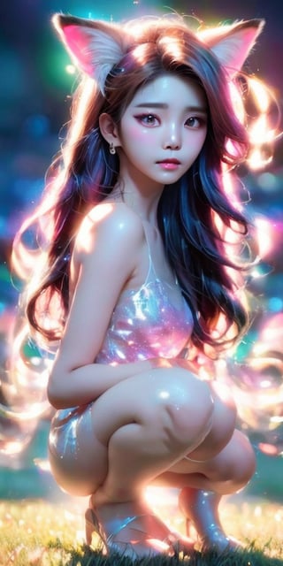 A Korean beauty with long pink hair (who looks a lot like "IU") is squatting on the grass, looking at the audience. She has a transparent figure, flawless skin, light-colored fine hair, and pink and delicate skin. The skin is delicate, beautiful and translucent. There is also a pair of translucent pink innocent eyes. The painting will be very detailed, showing the characteristics of digital painting and concept art. The picture should be smooth, with clear focus and ultra-high definition. The painting will be highly detailed, showing the characteristics of digital painting and concept art. Characteristics. Digital paintings and concept art will feature smooth images, sharp focus, and exceptional clarity. Earrings, fox ears, flowing hair, multiple 9 tails, fox tail,