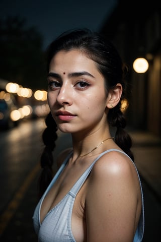 little Sanya Malhotra,, Portrait photo of a 24-year-old blonde in RAW UHD format (Blue-eyed woman), pigtails, Haircut for a boy , Walk down the dark alley, natutal breasts_b, night city, ( tactical clothes), (low-cut), in detail (textures!, hairsh!, glistering, a color!!, imperfections: 1.1), highly detailed glossy eyes, stands with his back, Standing Around, bottom, thongs, (is looking at the camera), specular lighting, DSLR camera, ultra quality, sharp-focus, sharpness, Depth of field, film grains, (centred), Fujifilm XT3, Crystal clear, big breastes, school dress, The center of the frame, pretty face, sharp-focus, street lamp, neon lights, bokeh, (dimly lit), Low key, in night, (night sky ) detailed skin pores, oiled skin, suntan, Complex eye details, Indian woman
