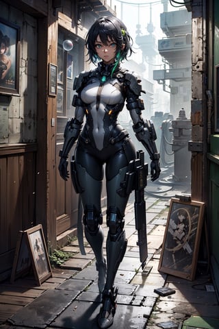 full body girl, (masterpiece+artwork+best quality+better), (extremely detailed 8k CG unity wallpaper), (environment details+detailed particles), {a cute girl+dark skin+intense+bright green detailed eyes}, [cute place background+soap bubbles+rustic lighting+steampunk+cyberpunk clothes], full_body., Energy light particle mecha