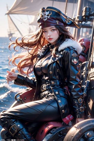 A young female pirate with long hair, holding a pirate gun in her hand, wearing nothing but putting on a coat with fur and feather,((pirate hat, eye patch)), the coat fluttering in the wind, leather pants, leather boots, she is on a pirate ship, there is smoke floating behind, there are people who is falling into the sea, there is ocean, there is sunlight, backlit shooting, the light and shadow are obvious, and the movie atmosphere, So-min, Kgirl01