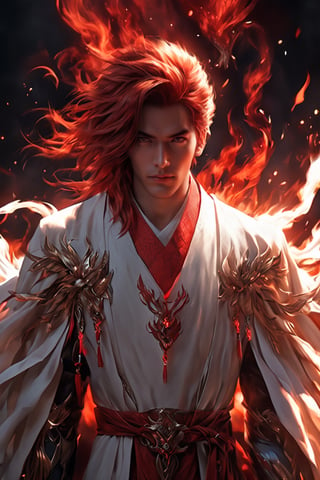 1boy, short korean hair, looking at viewer, bangs, long white sleeves. behind him there is a powerful flaming Phenix, hair between eyes, full lenght body, braid, red hair, wide sleeves, hollow, robe, red robe, shallows depth of field, dramatic light, perfect composition