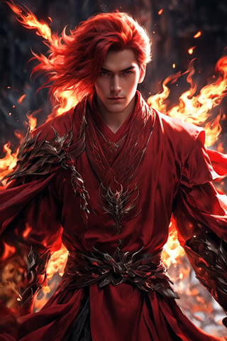 1boy, short korean hair, looking at viewer, bangs, long white sleeves. behind him there is flaming Phenix, hair between eyes, full lenght body, braid, red hair, wide sleeves, hollow, robe, red robe, shallows depth of field, dramatic light, perfect composition