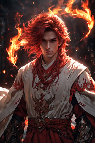 1boy, short korean hair, looking at viewer, bangs, long white sleeves. behind him there is flaming Phenix, hair between eyes, full lenght body, braid, red hair, wide sleeves, hollow, robe, red robe, shallows depth of field, dramatic light, perfect composition