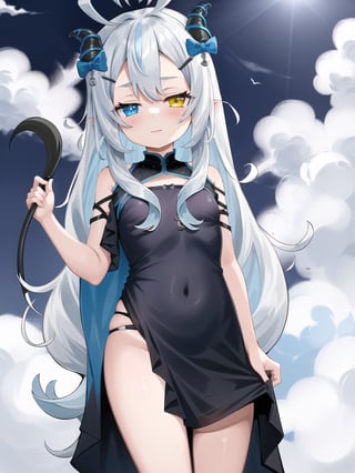 1girl, sidelighting, wallpaper, full_body, high_res, sky blue_hair, ahoge, pointy_ears, horn_ornament, horn_ribbon, hairclip, blue_eyes, heterochromia, yellow_eyes, small_breast, loli, koav1, witch_dress, school_swimsuit