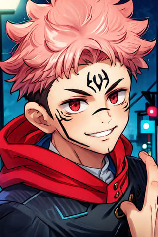 (masterpiece), best quality, expressive eyes, perfect face, looking at viewer, front view, close-up on face, 1male, SUKUNA, smile, red eyes, pink hair, TATTOO_ON_HIS_FACE, school uniform, black jacket, red hood, street, city, night, itadori yuji