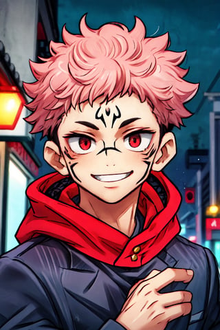 (masterpiece), best quality, expressive eyes, perfect face, looking at viewer, front view, close-up on face, 1male, SUKUNA, smile, red eyes, pink hair, TATTOO_ON_HIS_FACE, school uniform, black jacket, red hood, street, city, night, itadori yuji