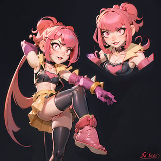 full body,((1girl,melodiebs,Melodie,solo)),focus on beatiful young idol girl:"(pink hair,hime cut+magenta bow with long ribbon end)",(expressive,seductive and mature,20 years old).clothes=(black_crop_top,yellow_skirt)".acessories:"fur stole,chocker,(magenta elbow gloves+Spike bracelet in hand), (choker+heart)", bare_feet, lifting one leg, thighs, melodiebs. {Purple musical notes lively,like pokémons}. {Detailed anime style, vivid colors}, {concert stage, karaoke},{masterpiece, dynamic pose, ultra-detailed, soft lighting, 4k quality, refined, sharp, best_quality:1.3},1girl,EnvyBeautyMix23,footstomp,footjob