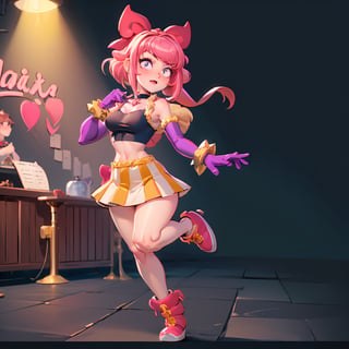 full body,((1girl,melodiebs,Melodie,solo)),focus on beatiful young idol girl:"(pink hair,hime cut+magenta bow with long ribbon end)",(expressive,seductive and mature,20 years old).clothes=(black_crop_top,yellow_skirt)".acessories:"fur stole,chocker,(magenta elbow gloves+Spike bracelet in hand), (choker+heart)", bare_feet, lifting one leg, thighs, melodiebs. {Purple musical notes lively,like pokémons}. {Detailed anime style, vivid colors}, {concert stage, karaoke},{masterpiece, dynamic pose, ultra-detailed, soft lighting, 4k quality, refined, sharp, best_quality:1.3},1girl,EnvyBeautyMix23