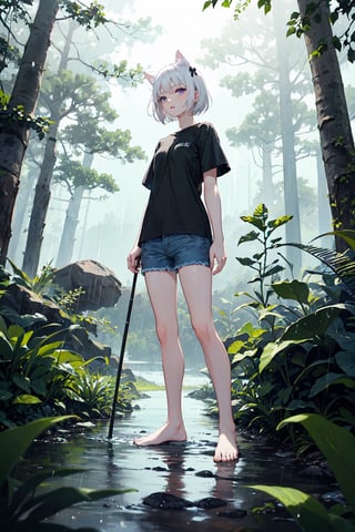 1girl, solo, white hair, short hair, cat ears, violet eyes, black shirt, short sleeve, blue denim short, bare feet, standing, forest, day, clouds, rainy weather, raindrop, front view
