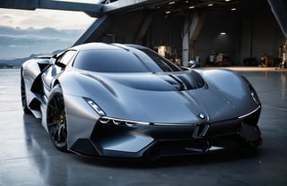  Ultra realistic 8K image, of a Shiny  Massive futurist spaceship with light edges and borders, parked on the ground in a space port hanger inspired by cyberpunk,wedge-shaped,  space area background, (Front Side view), sharp focus, Beautiful weather,symmetrical,spcrft,Starship,Huracán,zaha style,sifi style,futuristic car,NIO,Pagani style, furai style,no wheels,antigravity,Koenigsegg ccx,Fly in the air,symmetry car head,No car logo,1991 BMW Nazca C2,Pontiac Banshee Concept, Jaguar XJ220,