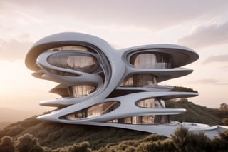 Zaha Hadid art style, design of a self sustain house, one floor, semy buried, hyper-realistic, 8k UHD, DSLR, soft lighting, high quality, film grain, Fuji-film XT3s
