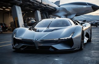  Ultra realistic 8K image, of a Shiny  Massive futurist spaceship with light edges and borders, parked on the ground in a space port hanger inspired by cyberpunk,wedge-shaped,  space area background, (Front Side view), sharp focus, Beautiful weather,symmetrical,spcrft,Starship,Huracán,zaha style,sifi style,futuristic car,NIO,Pagani style, furai style,no wheels,antigravity,Koenigsegg ccx,Fly in the air,symmetry car head,No car logo,1991 BMW Nazca C2,Pontiac Banshee Concept, Jaguar XJ220,