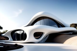 Zaha Hadid art style, design of a self sustain house, one floor, semy buried, hyper-realistic, 8k UHD, DSLR, soft lighting, high quality, film grain, Fuji-film XT3s
