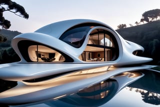 Zaha Hadid art style, design of a self sustain house, one floor, semy buried, hyper-realistic, 8k UHD, DSLR, soft lighting, high quality, film grain, Fuji-film XT3s
