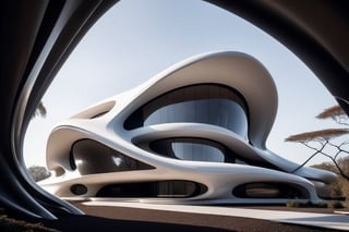 Zaha Hadid art style, design of a self sustain house, one floor, semy buried, hyper-realistic, 8k UHD, DSLR, soft lighting, high quality, film grain, Fuji-film XT3s
