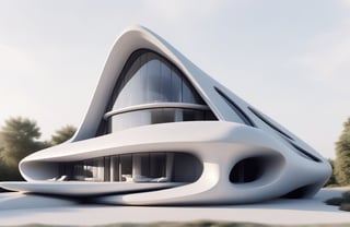 Zaha Hadid art style, design of a self sustain house, one floor, semy buried, hyper-realistic, 8k UHD, DSLR, soft lighting, high quality, film grain, Fuji-film XT3s
