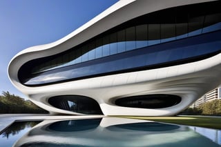 exterior of building, smooth form building, futuristic feeling, design by Zaha Hadid
