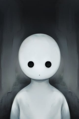 The entity, similar to a teenager boy without a mouth, with white empty eyes and white skin, looks sadly and resignedly into the sky.