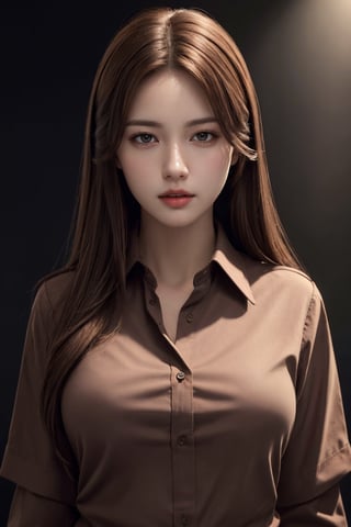 photorealistic, masterpiece, best quality, raw photo, 1girl, medium breasts, long hair, brown hair, collared shirt, looking at viewer, dynamic lighting, in the dark, deep shadow, low key, intricate detail, detailed skin, pore, highres, hdr