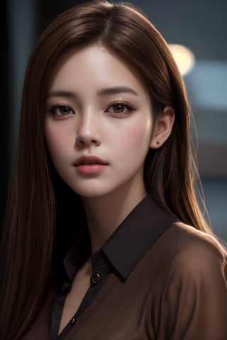 photorealistic, masterpiece, best quality, raw photo, 1girl, medium breasts, long hair, brown hair, collared shirt, looking at viewer, dynamic lighting, in the dark, deep shadow, low key, intricate detail, detailed skin, pore, highres, hdr