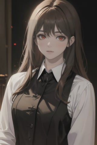 photorealistic, masterpiece, best quality, raw photo, 1girl, medium breasts, long hair, brown hair, collared shirt, looking at viewer, dynamic lighting, in the dark, deep shadow, low key, intricate detail, detailed skin, pore, highres, hdr, Aloof, white hair, red eyes, director-general，cool