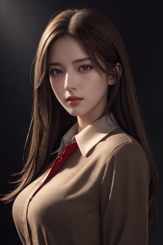 photorealistic, masterpiece, best quality, raw photo, 1girl, medium breasts, long hair, brown hair, collared shirt, looking at viewer, dynamic lighting, in the dark, deep shadow, low key, intricate detail, detailed skin, pore, highres, hdr, Aloof, white hair, red eyes, director-general，cool