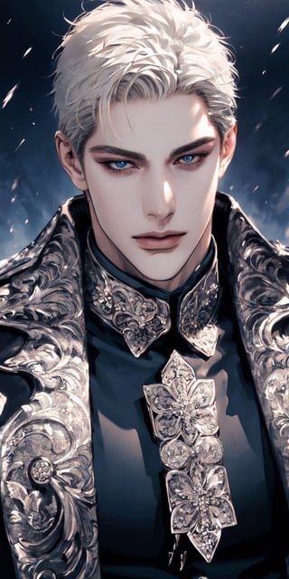 Extreme detailed,Realistic,solo,
official art, extremely detailed, Extreme Realistic,  Nordic beautiful teen boy,beautifully detailed eyes, detailed fine nose, detailed fingers,muscle body, wearing extremely detailed luxury male Prince Albert coat, high quality, beautiful high Detailed white short hair,