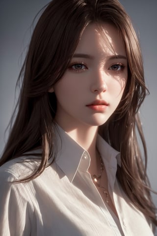 photorealistic, masterpiece, best quality, raw photo, 1girl, medium breasts, long hair, brown hair, collared shirt, looking at viewer, dynamic lighting, in the dark, deep shadow, low key, intricate detail, detailed skin, pore, highres, hdr, Aloof, white hair, red eyes, director-general，cool