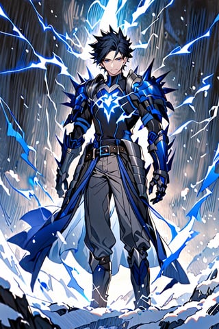  solo, snowy smile, short hair, black hair with blue, spiky hair, bangs, blue eyes, Tall boy, shirt, gauntlets, 1 boy, standing, very thin,metal gauntlets, belt, pants, blue trim, black shirt, pants black,blue lightning, blue electric rays