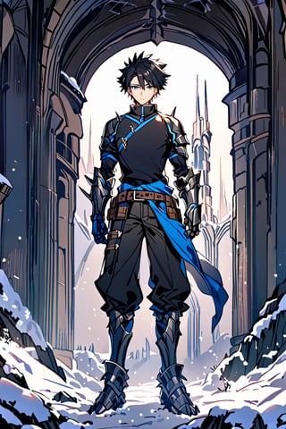 full body shot, solo, snowy smile, short hair, black hair with blue, spiky hair, bangs, blue eyes, Tall boy, shirt, gauntlets, 1 boy, standing, very thin,metal gauntlets, belt, pants, blue trim, black shirt, pants black,