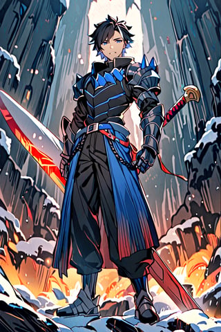 full body shot, solo, snowy smile, short hair, black hair with electric blue highlights, spiky hair, tiger cut, bangs, blue eyes, Tall boy, shirt, gauntlets, 1 boy, huge sword, standing, very thin, white hair,metal gauntlets, belt, pants, blue trim, black shirt, pants black,natsu_dragneel, pink hair