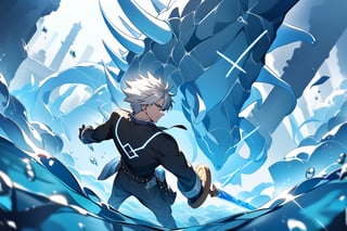 solo, arrogant smile,  short hair, white hair, spiked hair, pixie cut, bangs, blue eyes, shirt, gloves, long sleeves, 1man, huge sword,standing, white hair, male focust,muscle body, black gloves, belt, pants, blue trim, black shirt, black pants, gold trim, (Large shiny blue sword with runes on it:1.3), sword, Underwater world, Under the sea, Top-down perspective, From high above, only background, water,scenery, pillar, A deep-sea scene beneath a thick ice layer that reveals the texture and transparency of the ice, casting a cold blue hue. Below the ice, columns and structures of frozen formations create a unique under-ice landscap in background