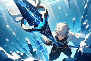 solo, arrogant smile,  short hair, white hair, spiked hair, pixie cut, bangs, blue eyes, shirt, gloves, long sleeves, 1man, huge sword,standing, white hair, male focust,muscle body, black gloves, belt, pants, blue trim, black shirt, black pants, gold trim, (Large shiny blue sword with runes on it:1.3), sword, Underwater world, Under the sea, Top-down perspective, From high above, only background, water,scenery, pillar, A deep-sea scene beneath a thick ice layer that reveals the texture and transparency of the ice, casting a cold blue hue. Below the ice, columns and structures of frozen formations create a unique under-ice landscap in background