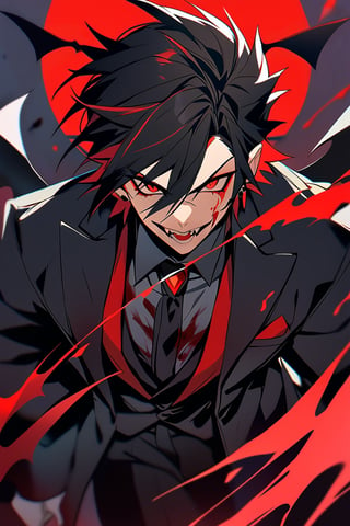 1 man, crimson eyes (crazy look), vampire fangs, spiky black hair (with red hair tips), wearing blue (with an elegant black coat with blood stains), bat wings sword dripping blood,red dark aura ,BloodOnScreen,Anime 