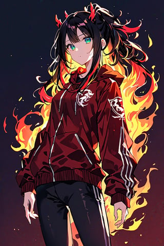 a teenage girl, long black hair (with fiery red tips), emerald green eyes, red jacket with a dragon logo, black pants, high quality, high resolution, high precision, color correction, appropriate lighting settings, harmonious composition .,Visual_Illustration