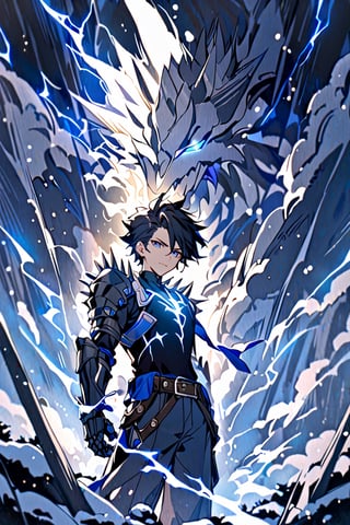  solo, snowy smile, short hair, black hair with blue, spiky hair, bangs, blue eyes, Tall boy, shirt, gauntlets, 1 boy, standing, very thin,metal gauntlets, belt, pants, blue trim, black shirt, pants black,blue lightning, blue electric rays